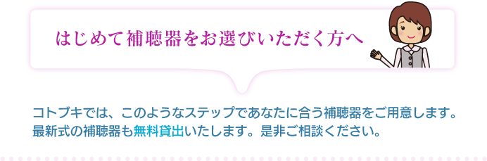 はじめて補聴器をお選びいただく方へ コトブキでは、このようなステップであなたに合う補聴器をご用意します。最新式の補聴器も無料貸出いたします。是非ご相談ください。